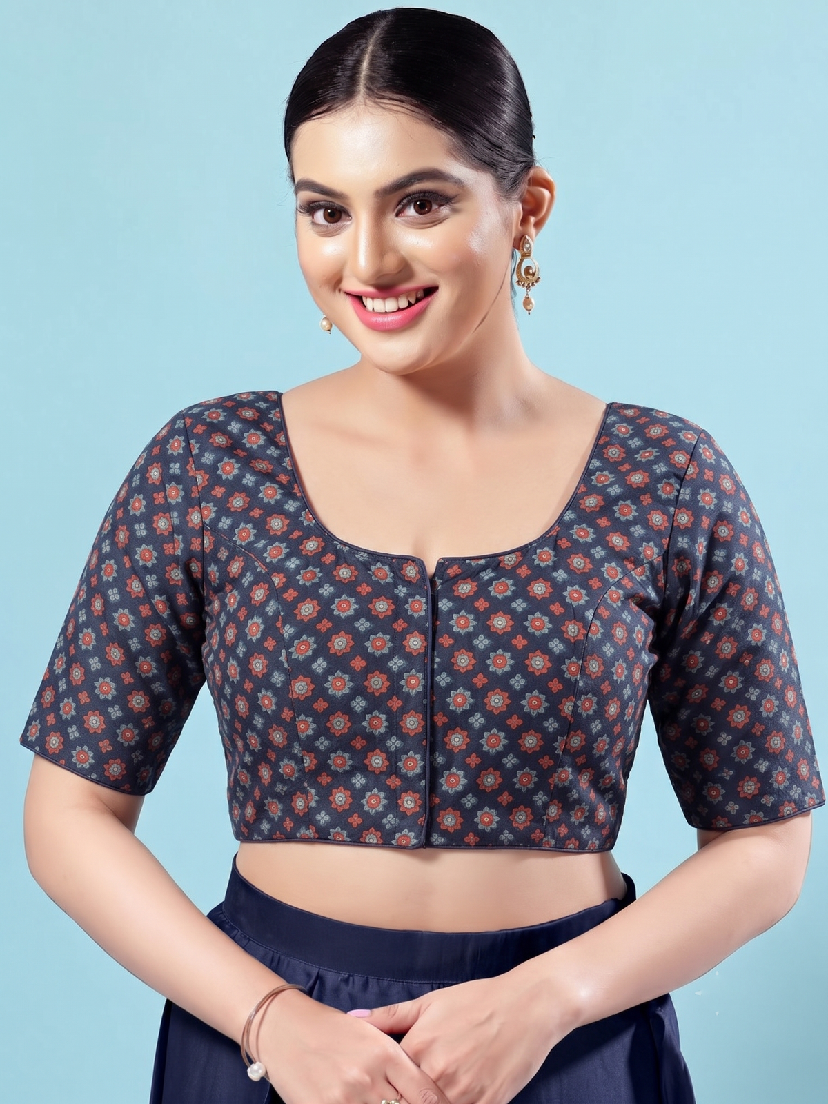 Navy Blue Multicolour Printed Cotton Saree Blouse