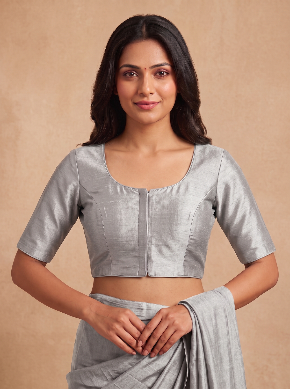 Silver Plain Saree Blouse with Elbow Sleeves