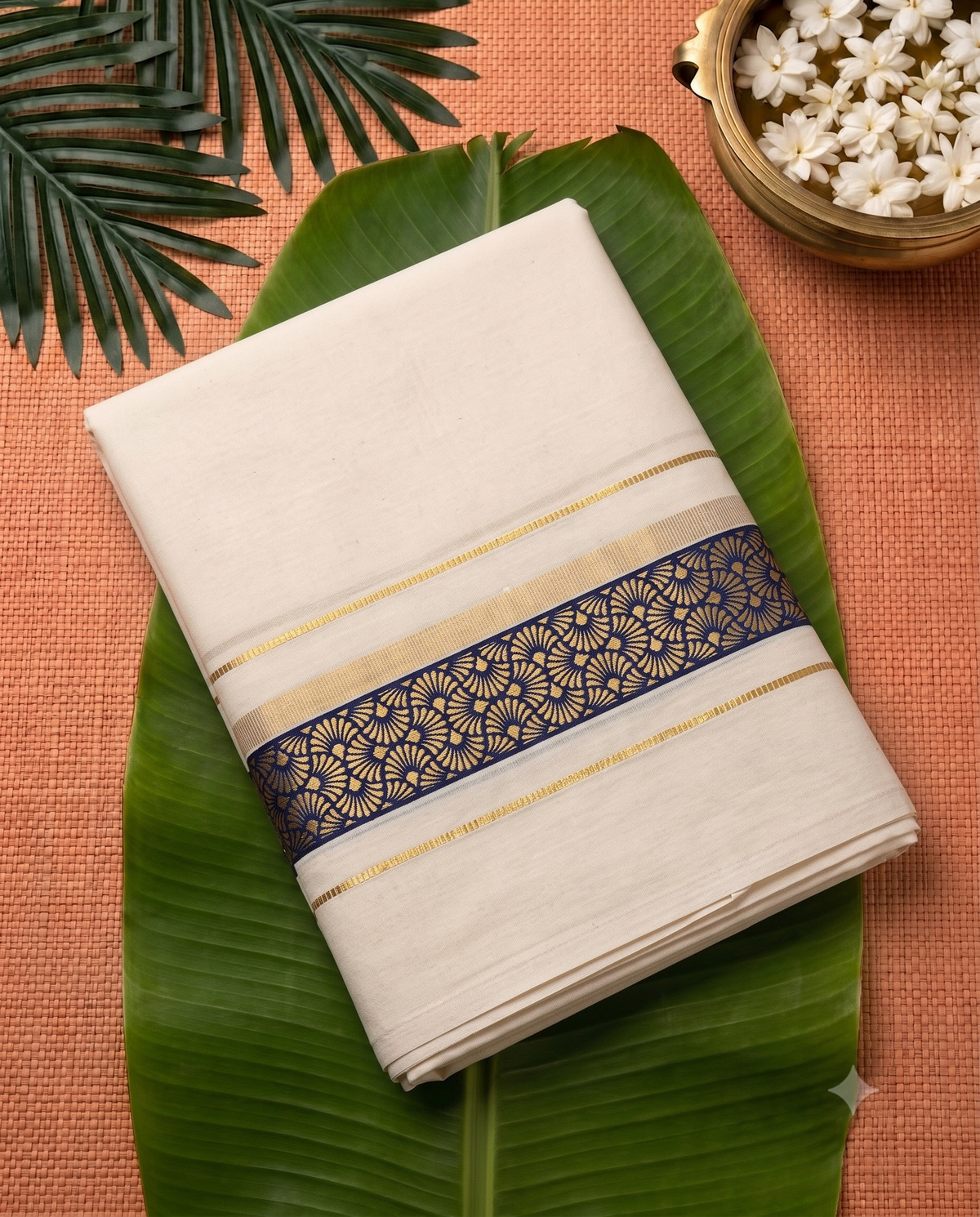 Cream Cotton Kerala Kasavu Mundu with Traditional Motif Border