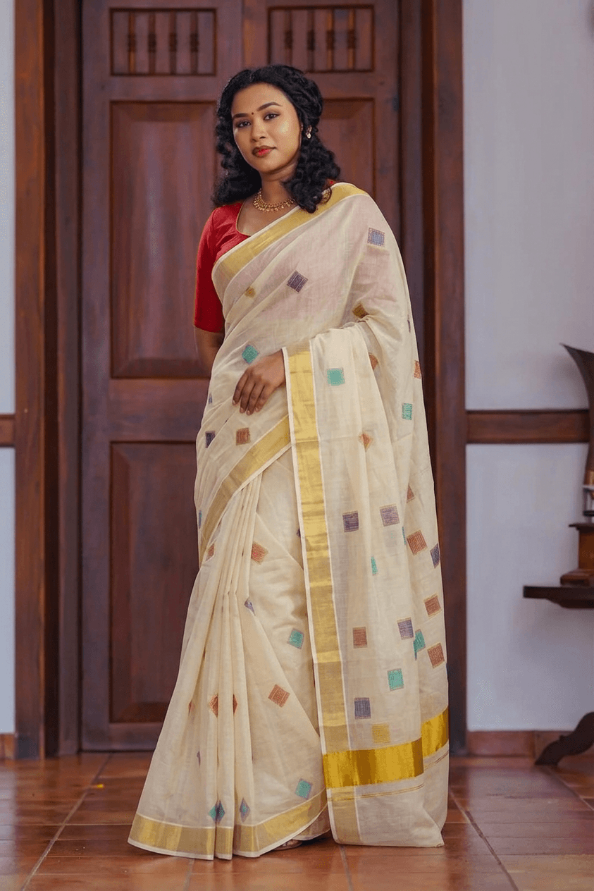 Cotton Cream Saree with Multicolor Geometric Motifs and Golden Border Set Saree