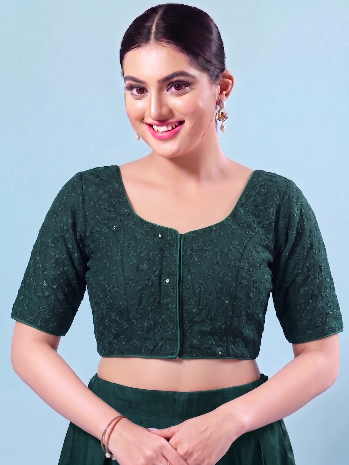 Dark Green embroidered Saree Blouse with Elbow Sleeves