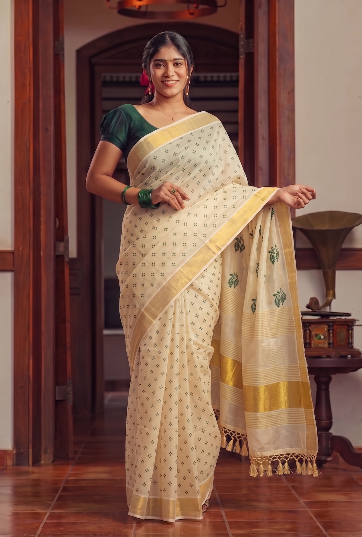 Cream Tissue Kasavu Saree with Traditional Floral Motifs