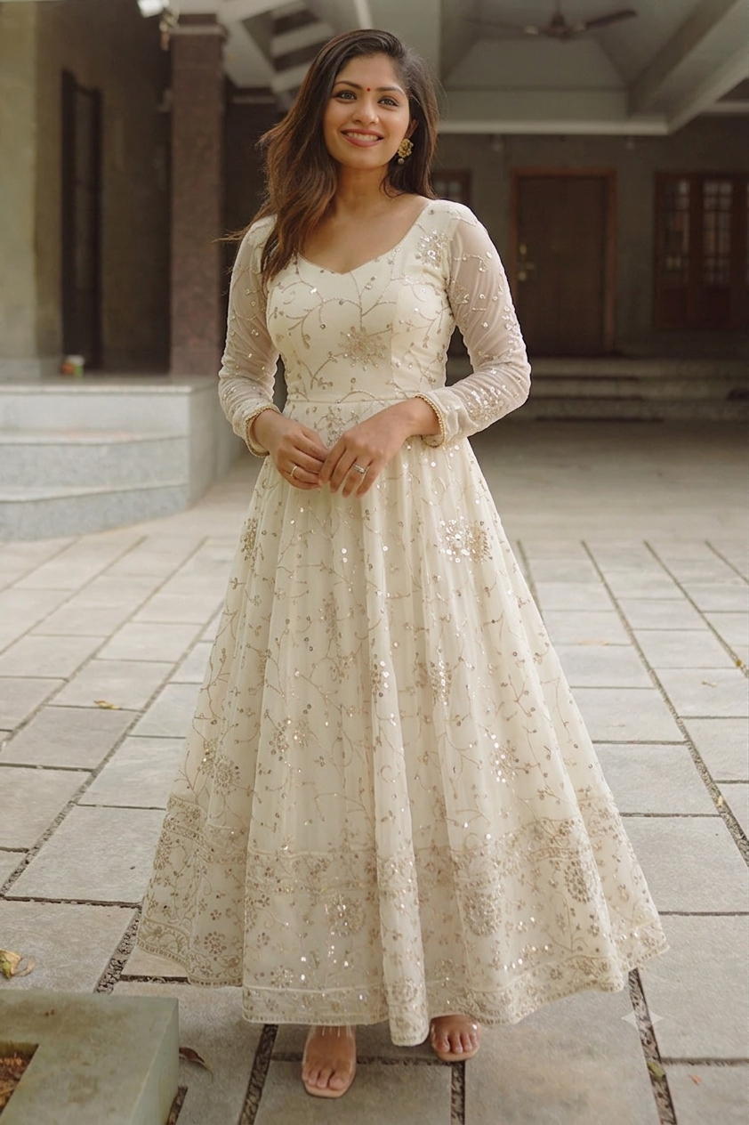 Aromie White Georgette Anarkali Gown - Elegant Three Piece Set