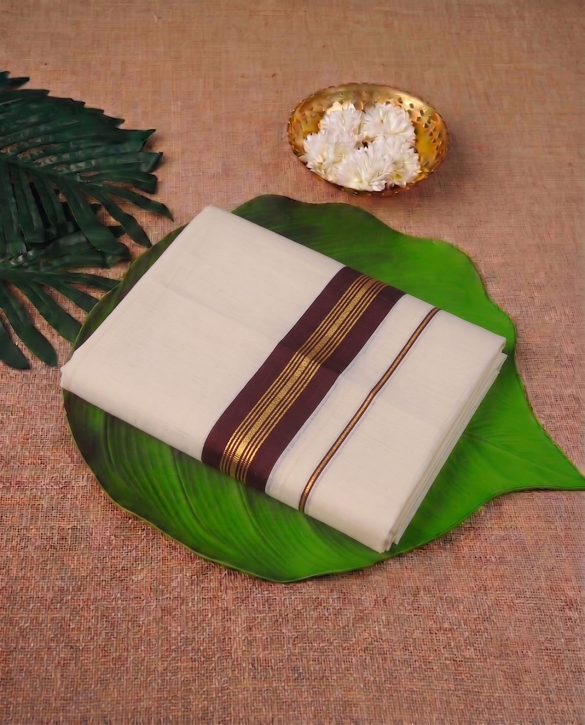 Classic Cream Kerala Mundu with Maroon and Gold Kasavu Border (Copy) (Copy)