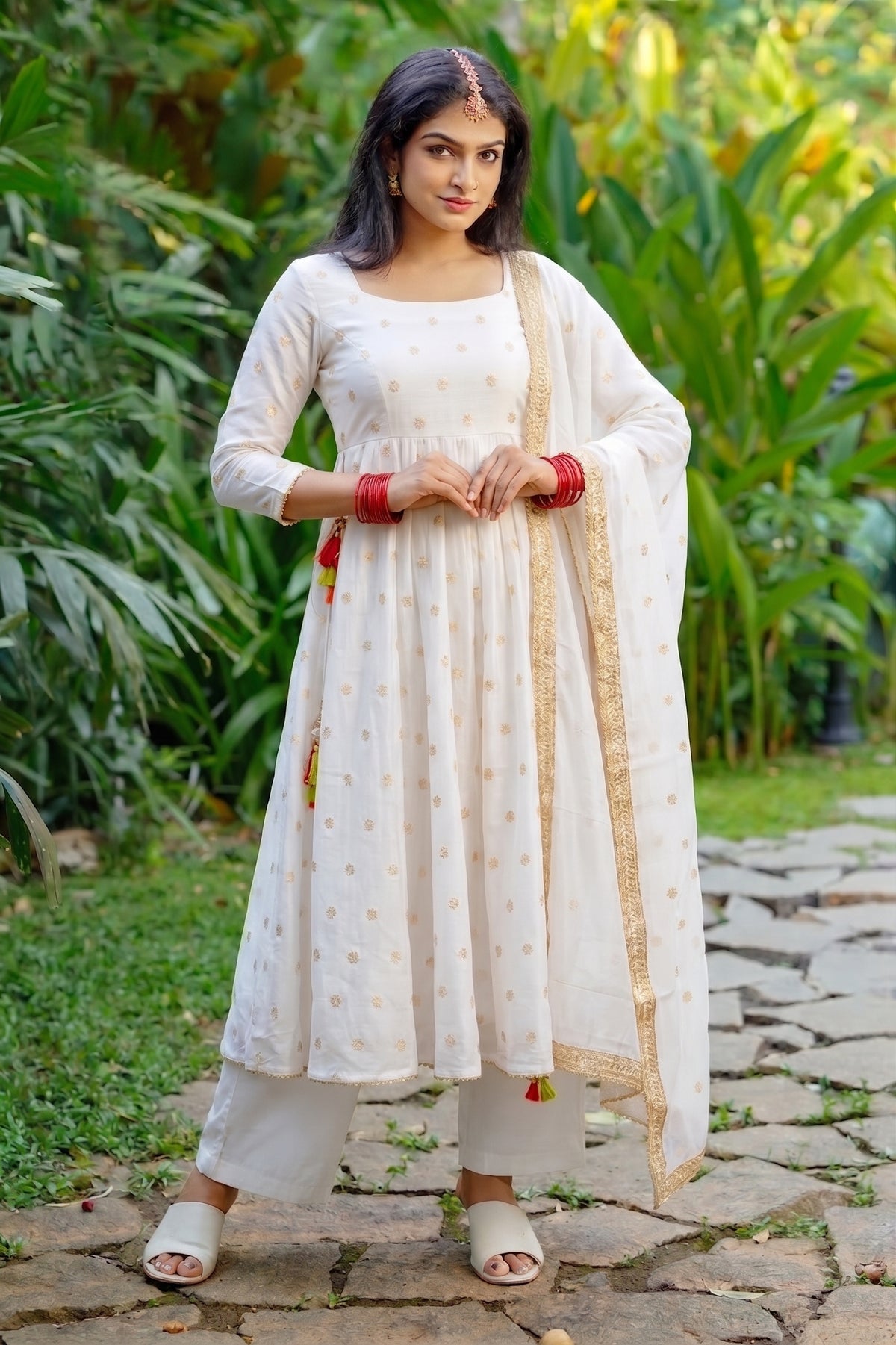 White Embroidered Rich Chanderi Anarkali Set with Palazzo and Dupatta aromie