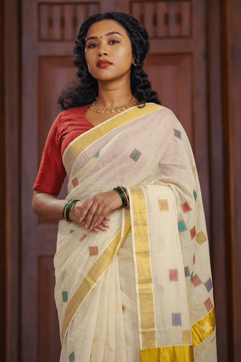 Cotton Cream Saree with Multicolor Geometric Motifs and Golden Border Set Saree