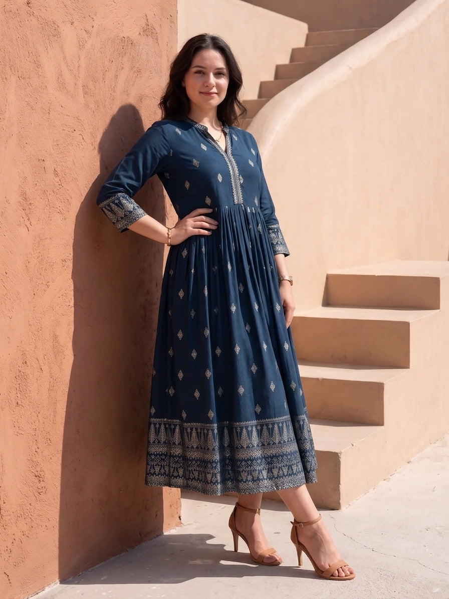Navy Blue Printed Rayon Kurta aromie