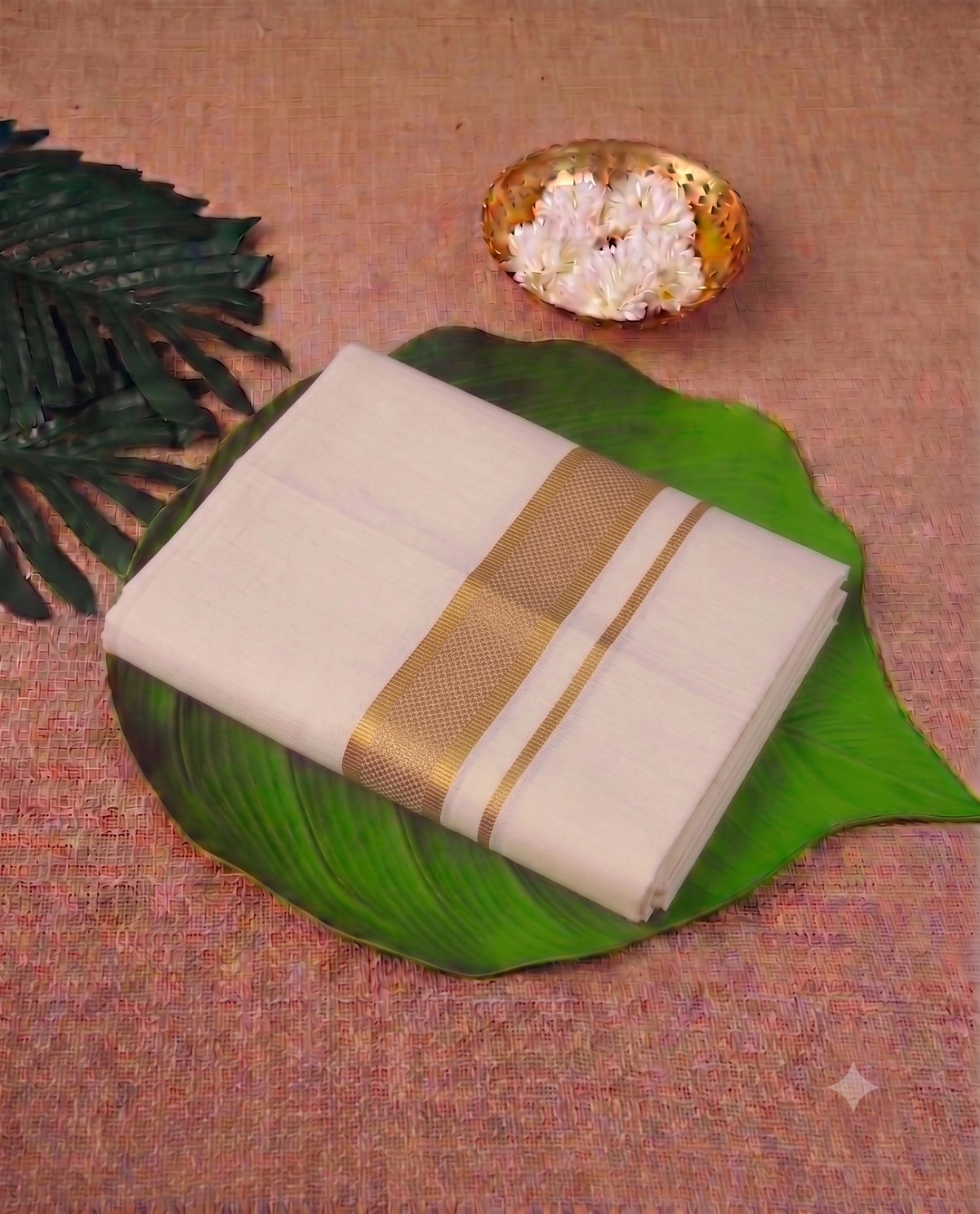 Classic Cream Kerala Mundu with Golden  Kasavu Border