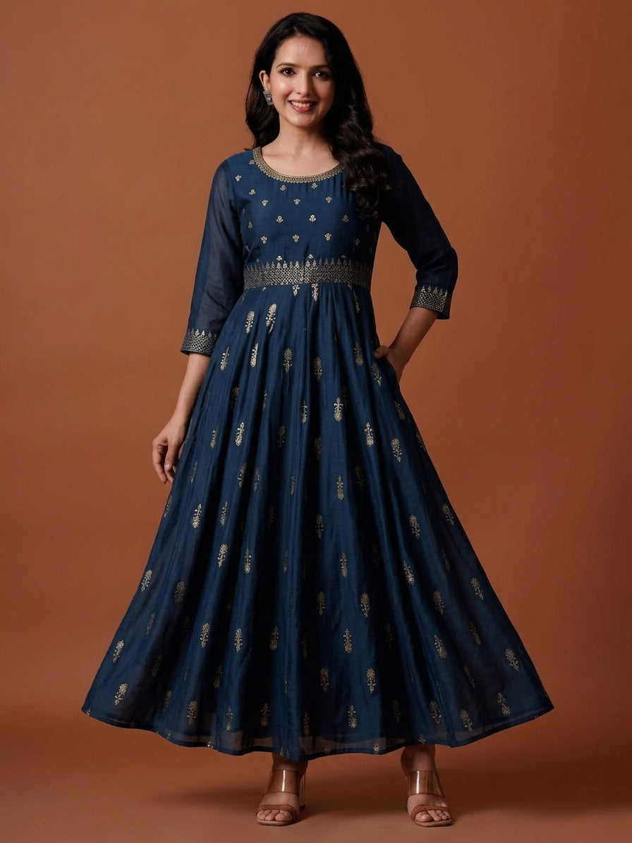 Navy Blue Embroidered Maxi Dress aromie