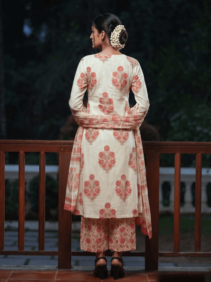 Women’s White Cotton Printed Kurta Palazzo Set with Dupatta aromie