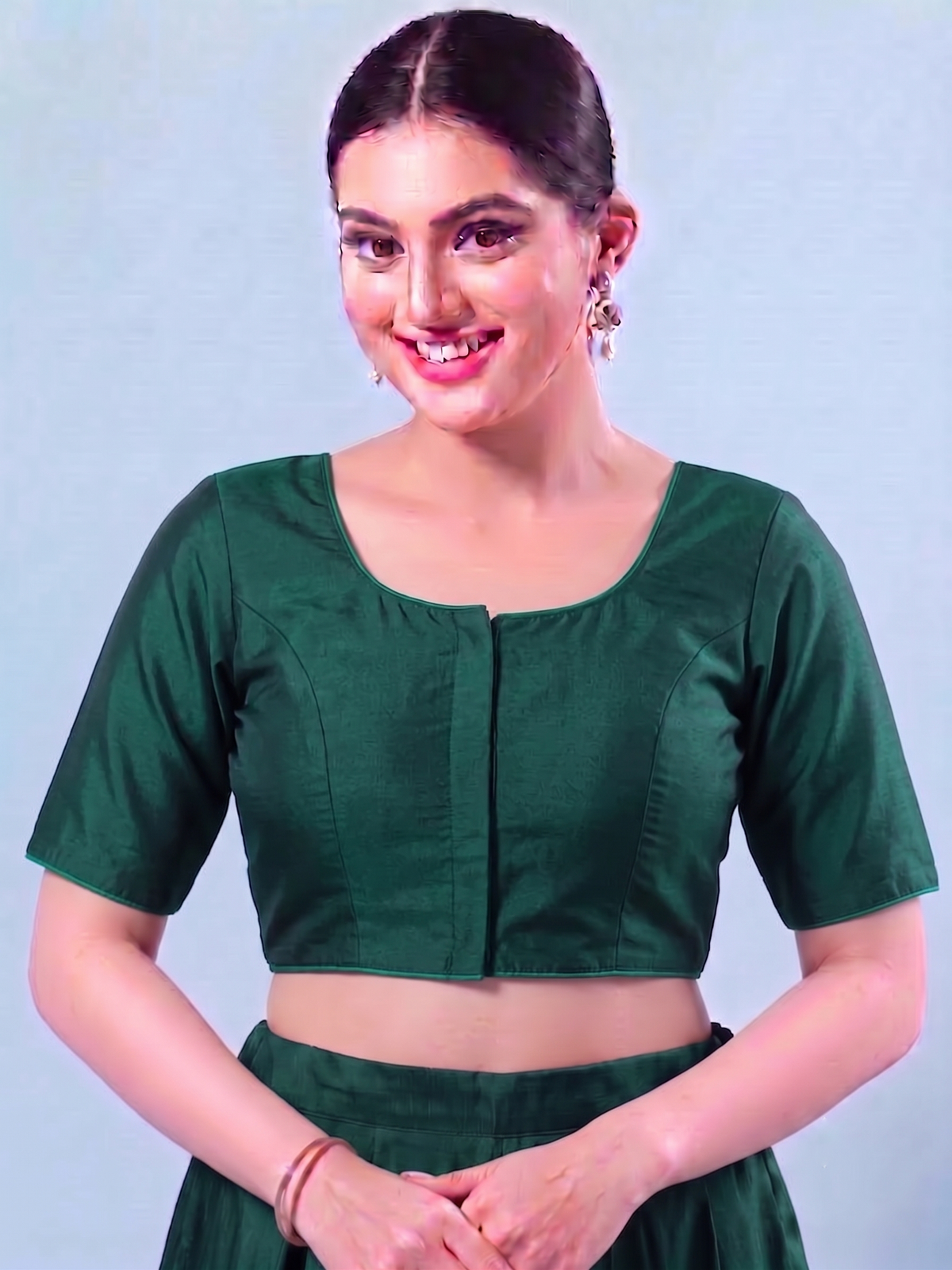 Bottle Green  plain Saree Blouse with Elbow Sleeves (Copy)