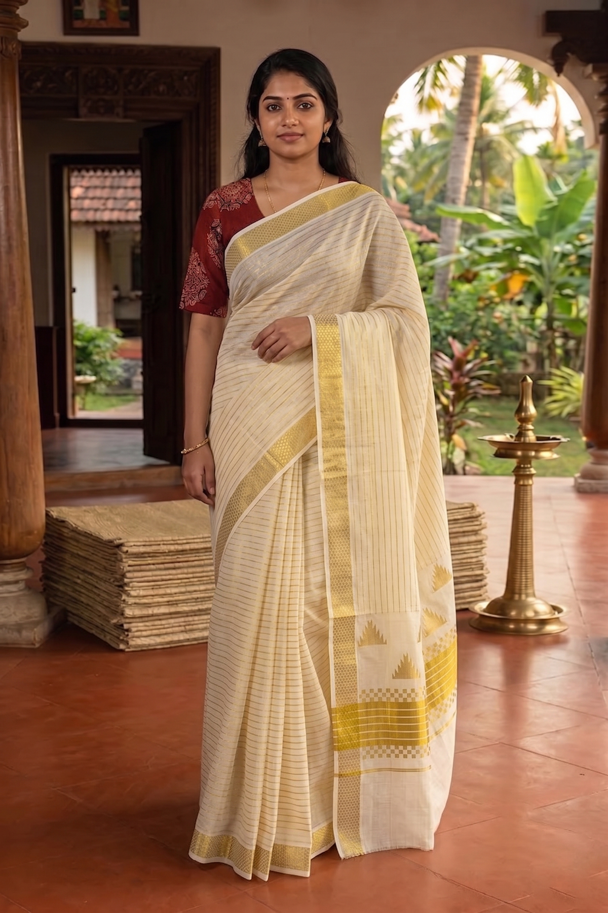 Cream Cotton Kasavu Saree with Multicolour Traditional Floral Motifs