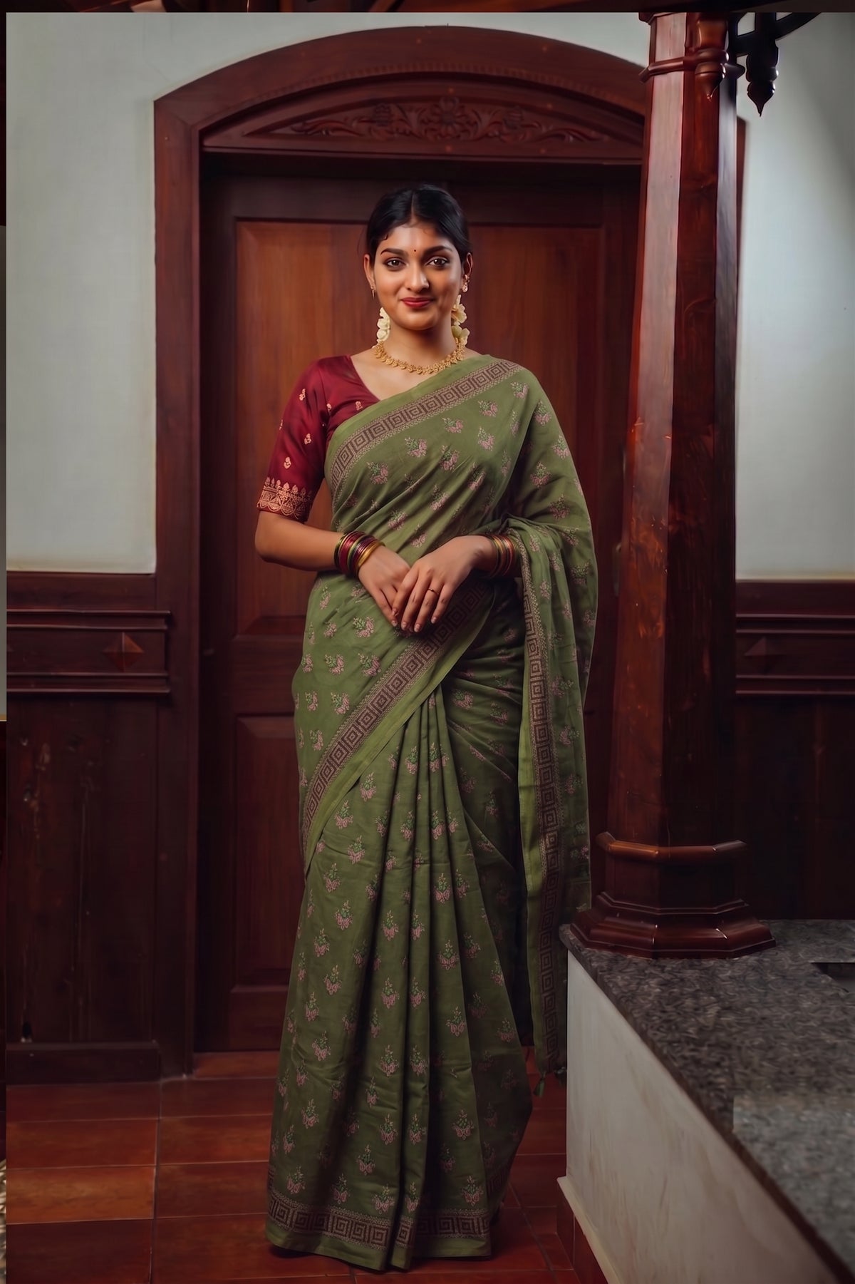 Olive Green Printed Mulmul Cotton Saree aromie