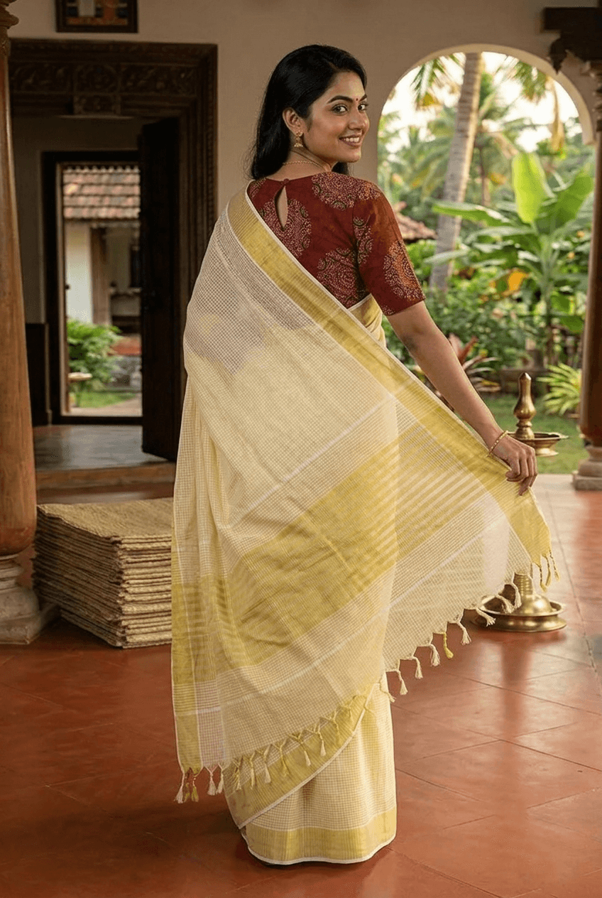A woman wearing a cream-colored cotton saree with yellow stripes and a red patterned blouse, standing in a traditional indoor setting with a garden view.