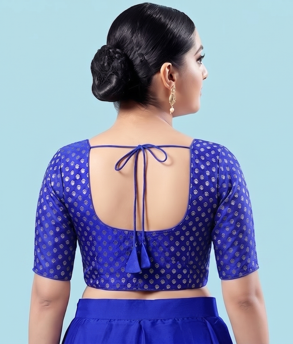 Royal Blue Gold Butti Saree Blouse with Elbow Sleeves