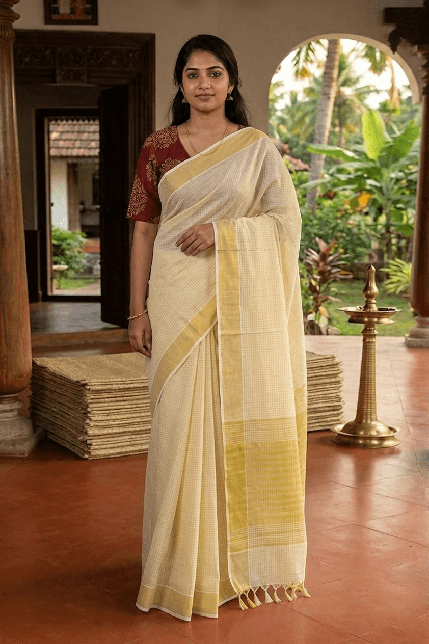 A woman wearing a cream-colored cotton saree with a yellow striped border and a red embroidered blouse, standing in a traditional indoor courtyard with a lamp and greenery in the background.