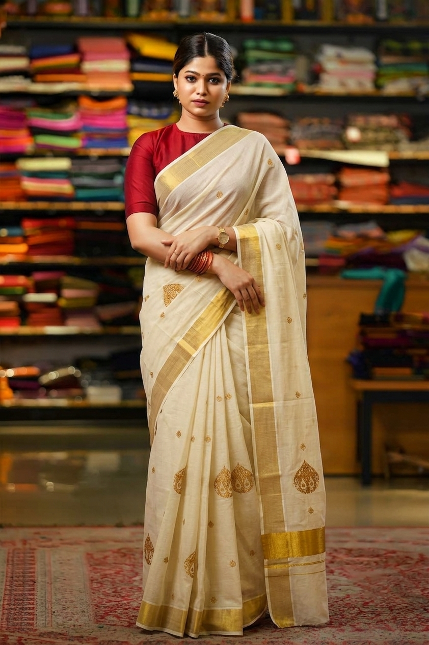A woman modeling a cream-colored silk saree with gold zari embroidery and a red blouse, standing in a fabric shop with shelves of colorful textiles in the background.
