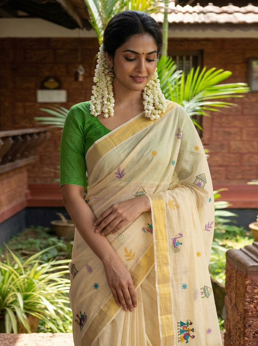 A woman wearing a traditional Indian saree in a garden courtyard setting. The saree is cream-colored with a green sleeveless blouse, decorated with small colorful floral and geometric motifs, and paired with long white flower garlands.