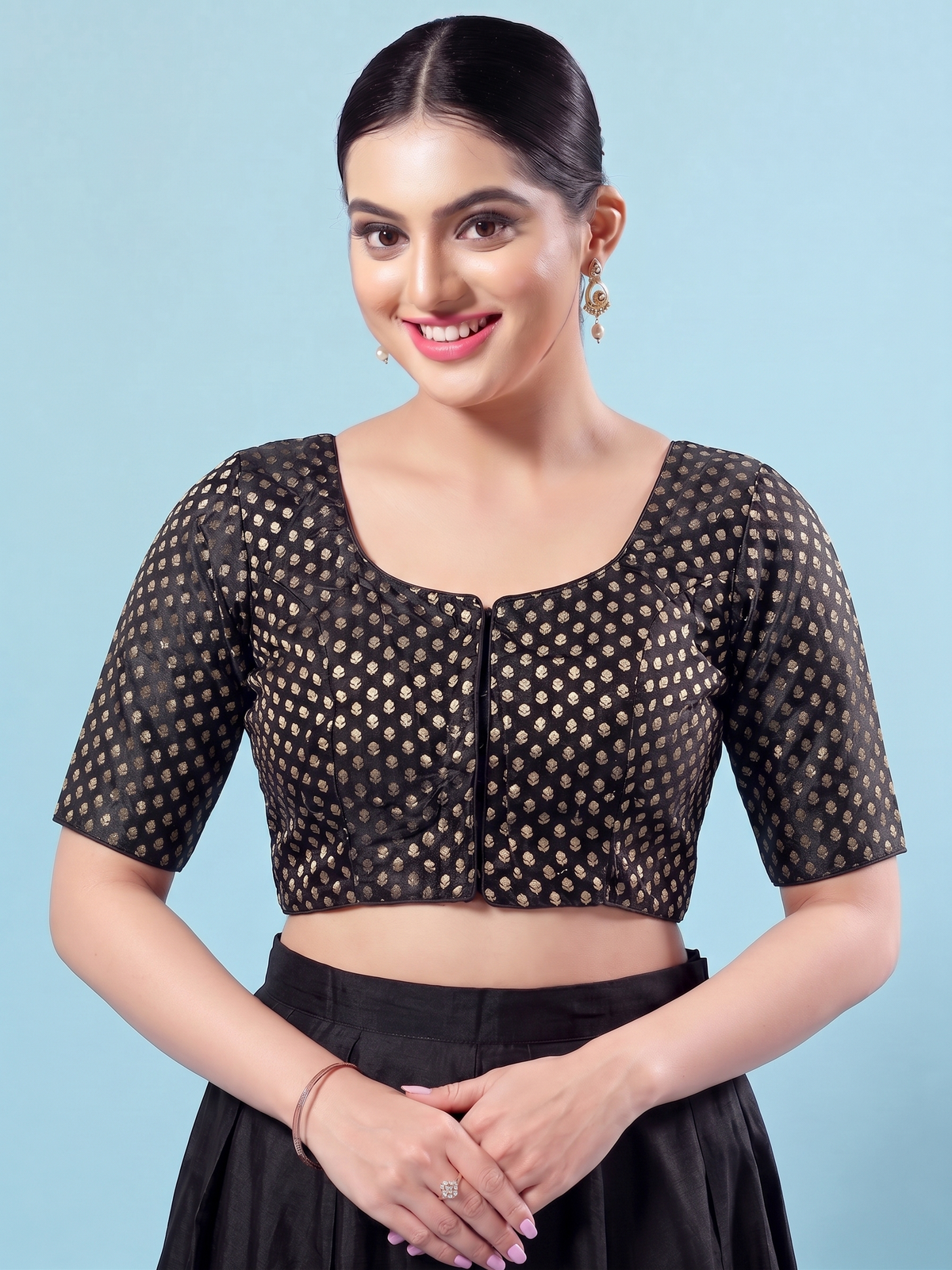 Black Gold Butti Saree Blouse with Elbow Sleeves (Copy)