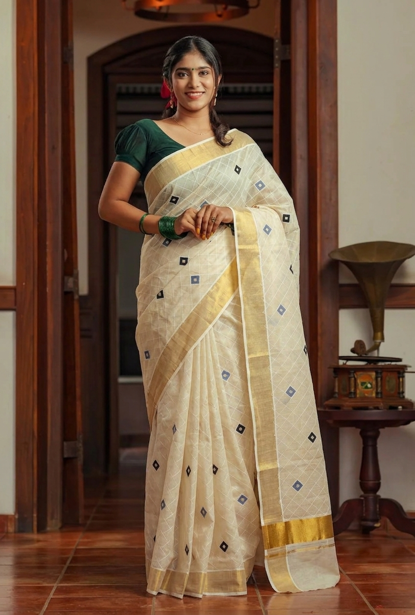 A woman wearing a cream-colored silk saree with gold borders and small blue diamond motifs, paired with a dark green blouse, standing in a traditional indoor setting with wooden doorways and a vintage gramophone.
