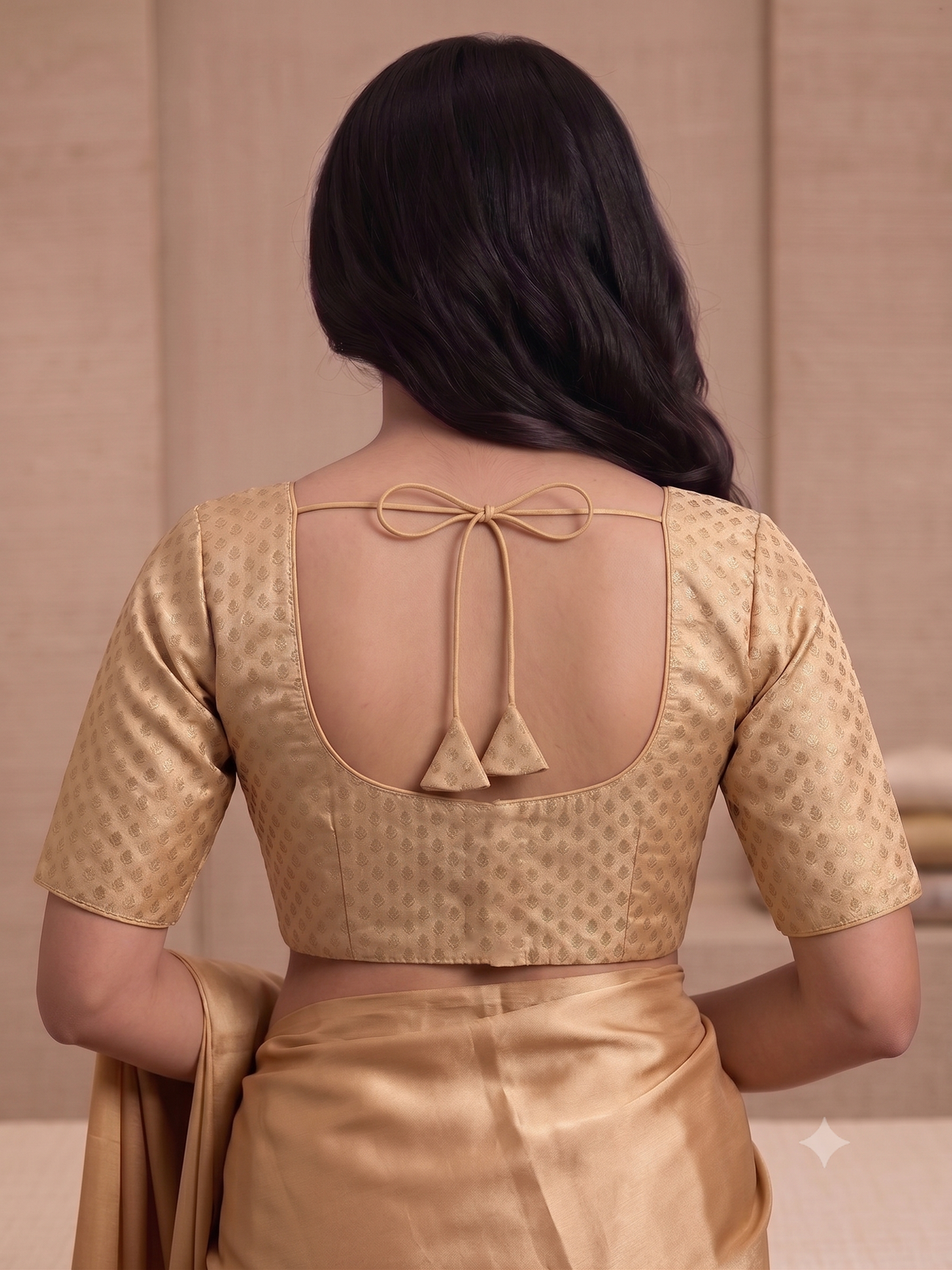 Golden Beige Foil-Printed Saree Blouse with Elbow Sleeves