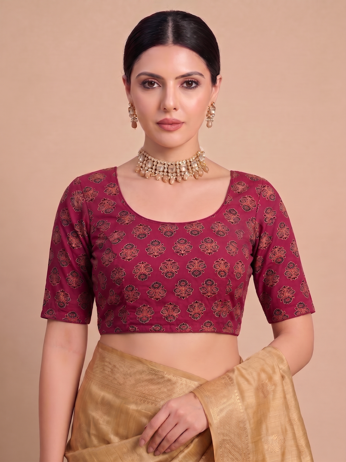 Red Geometric Printed Stretchable Saree Blouse