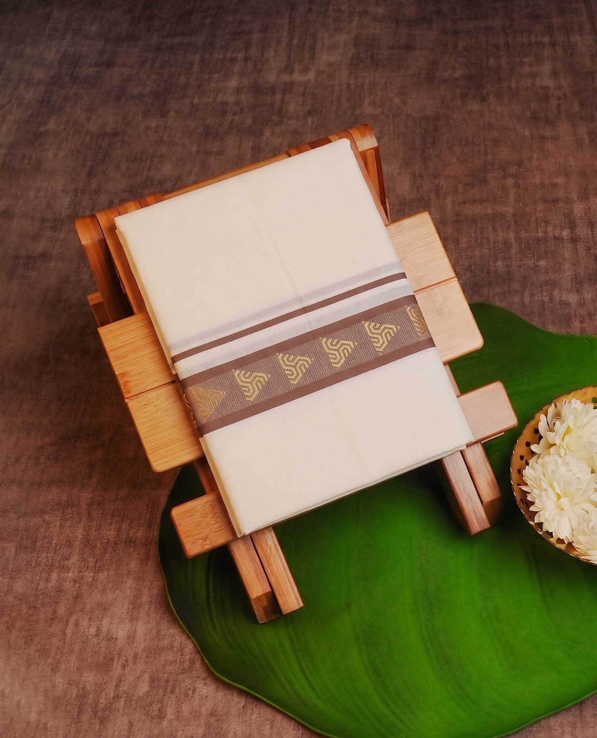 Cream Cotton Kerala Kasavu Mundu with Traditional Motif Border