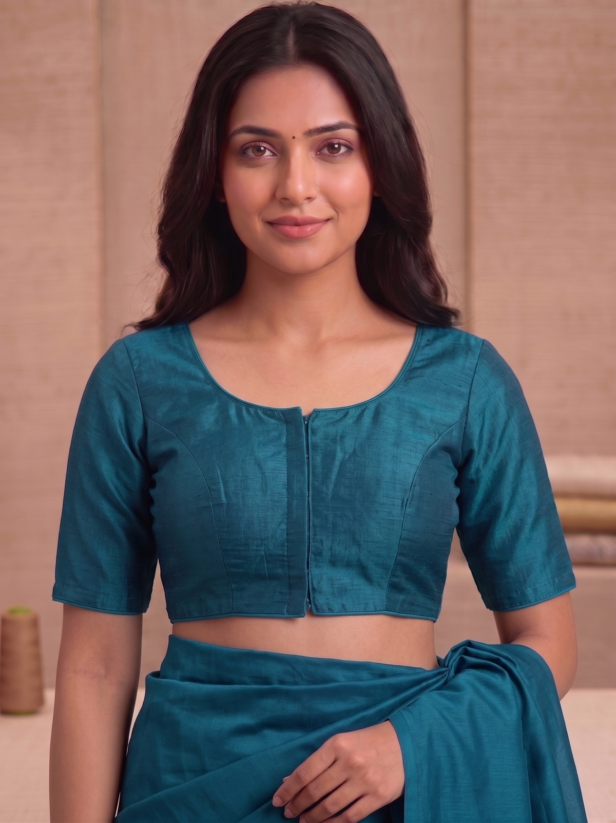 Teal Blue Plain Saree Blouse with Elbow Sleeves