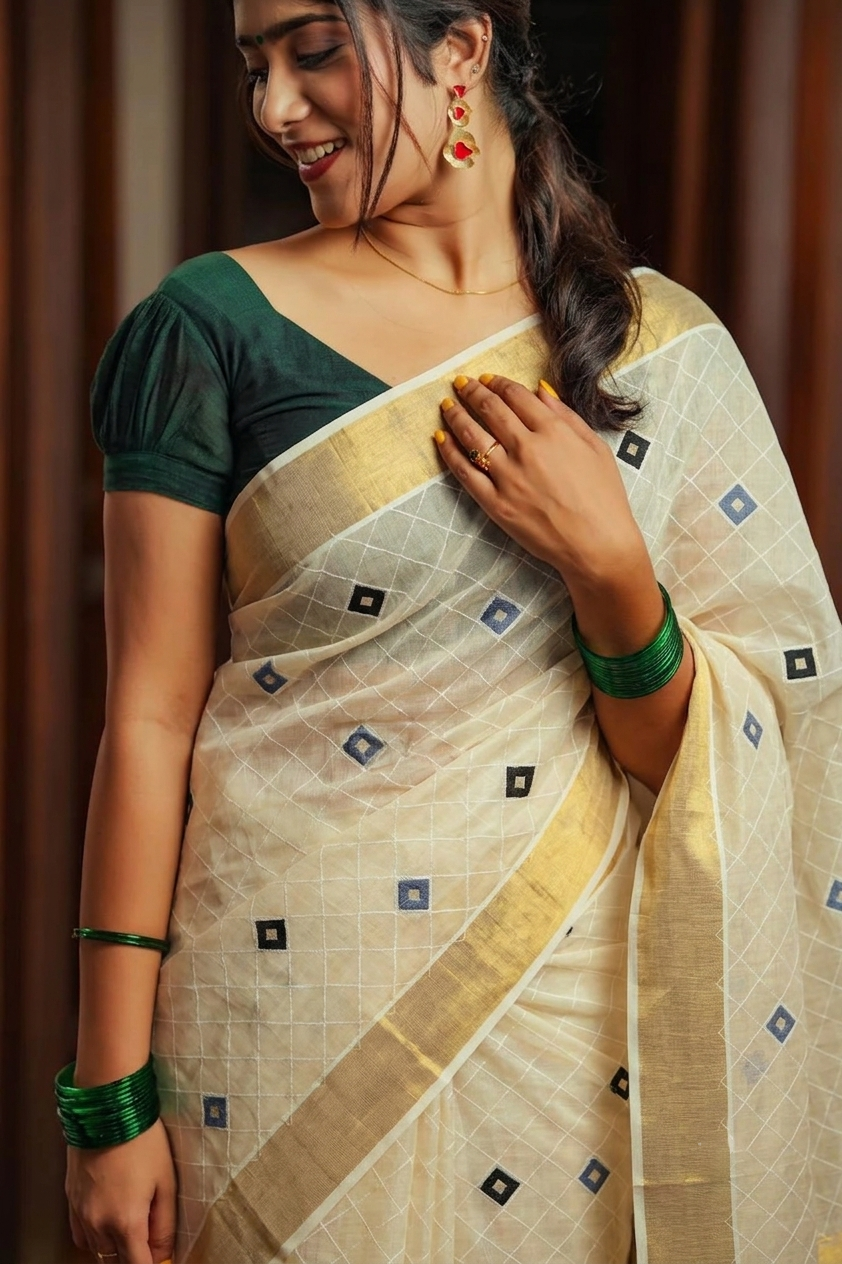 A woman wearing a traditional Indian saree with a dark green short-sleeve blouse, a cream-colored body, and a gold border, adorned with small black and blue diamond motifs.