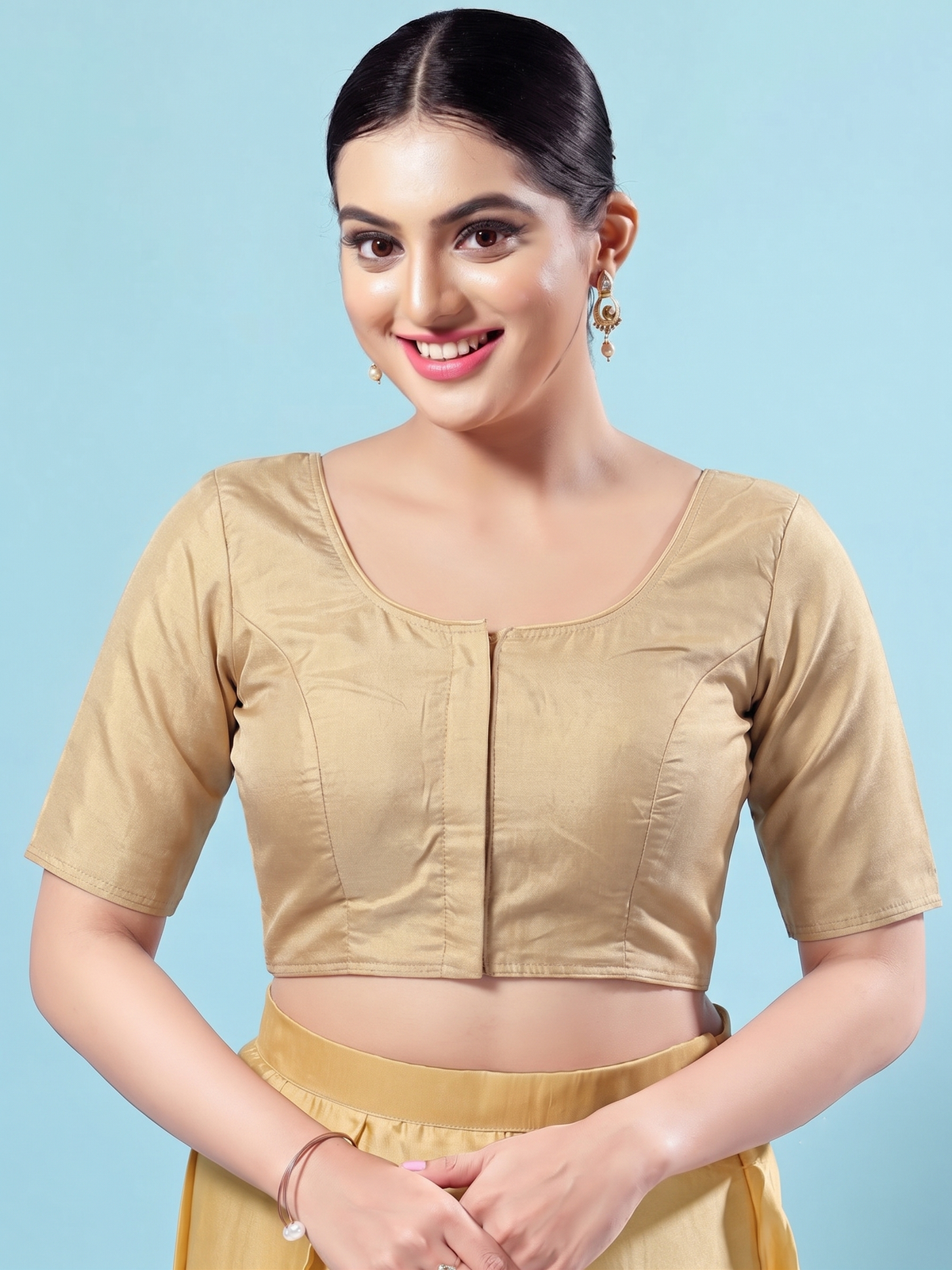 Gold Plain Saree Blouse with Elbow Sleeves
