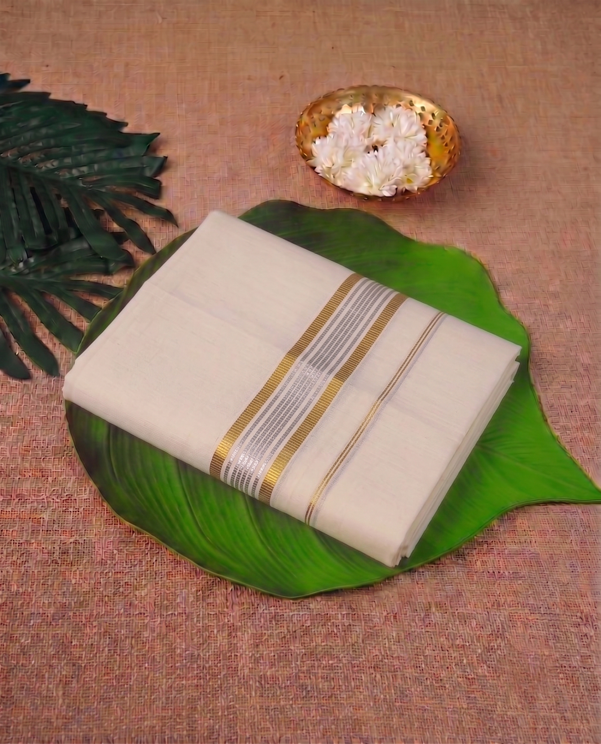 Classic Cream Kerala Mundu with Golden and Silver Kasavu Border