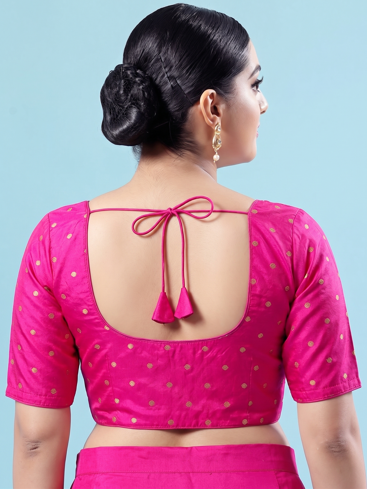 Fuchsia Pink Gold Butti Saree Blouse with Elbow Sleeves