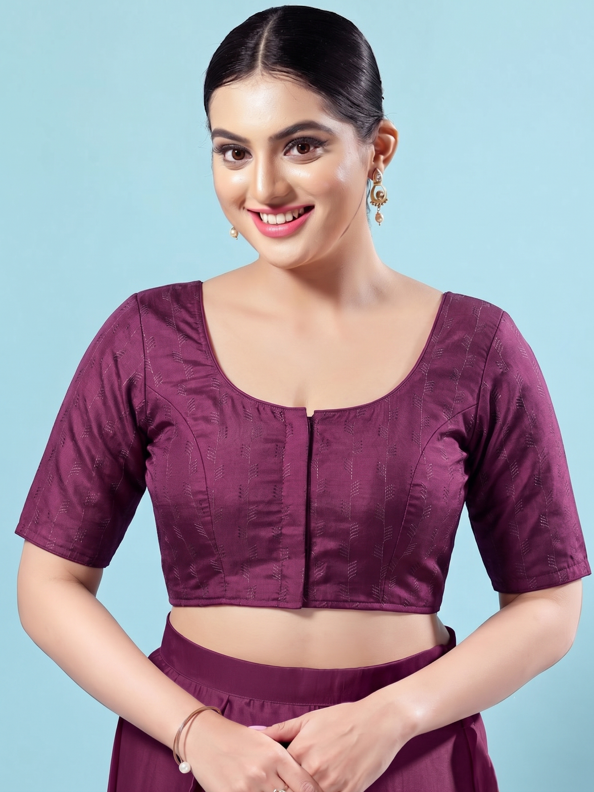 Plum Purple Self-Patterned Saree Blouse with Elbow Sleeves