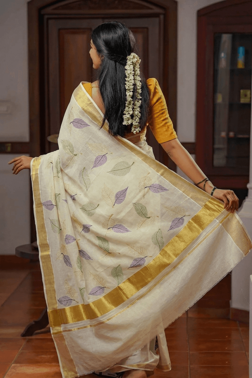A woman wearing a cream-colored saree with purple and green leaf motifs and a gold border, paired with a mustard yellow blouse, captured from behind in an indoor setting.