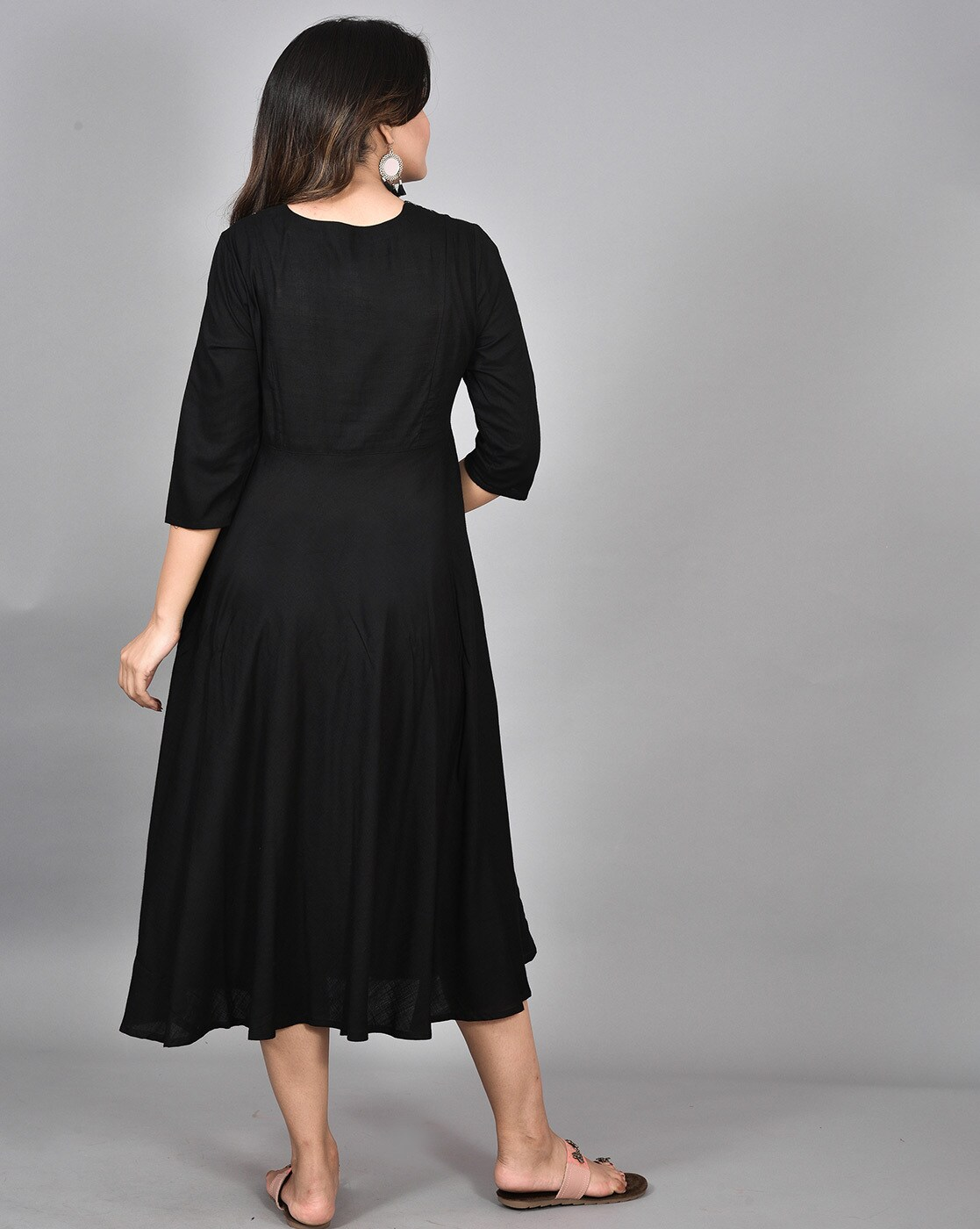 "Geometric print A-line maternity dress with concealed nursing zippers – rayon fabric and round neck"