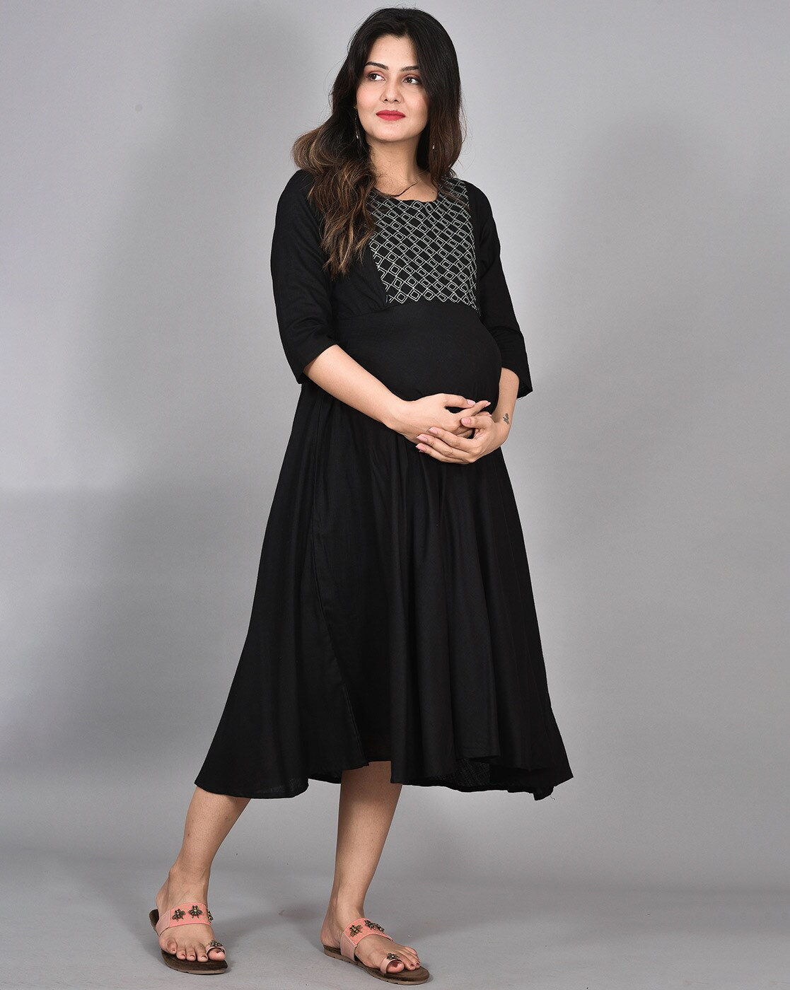 "Geometric print A-line maternity dress with concealed nursing zippers – rayon fabric and round neck"