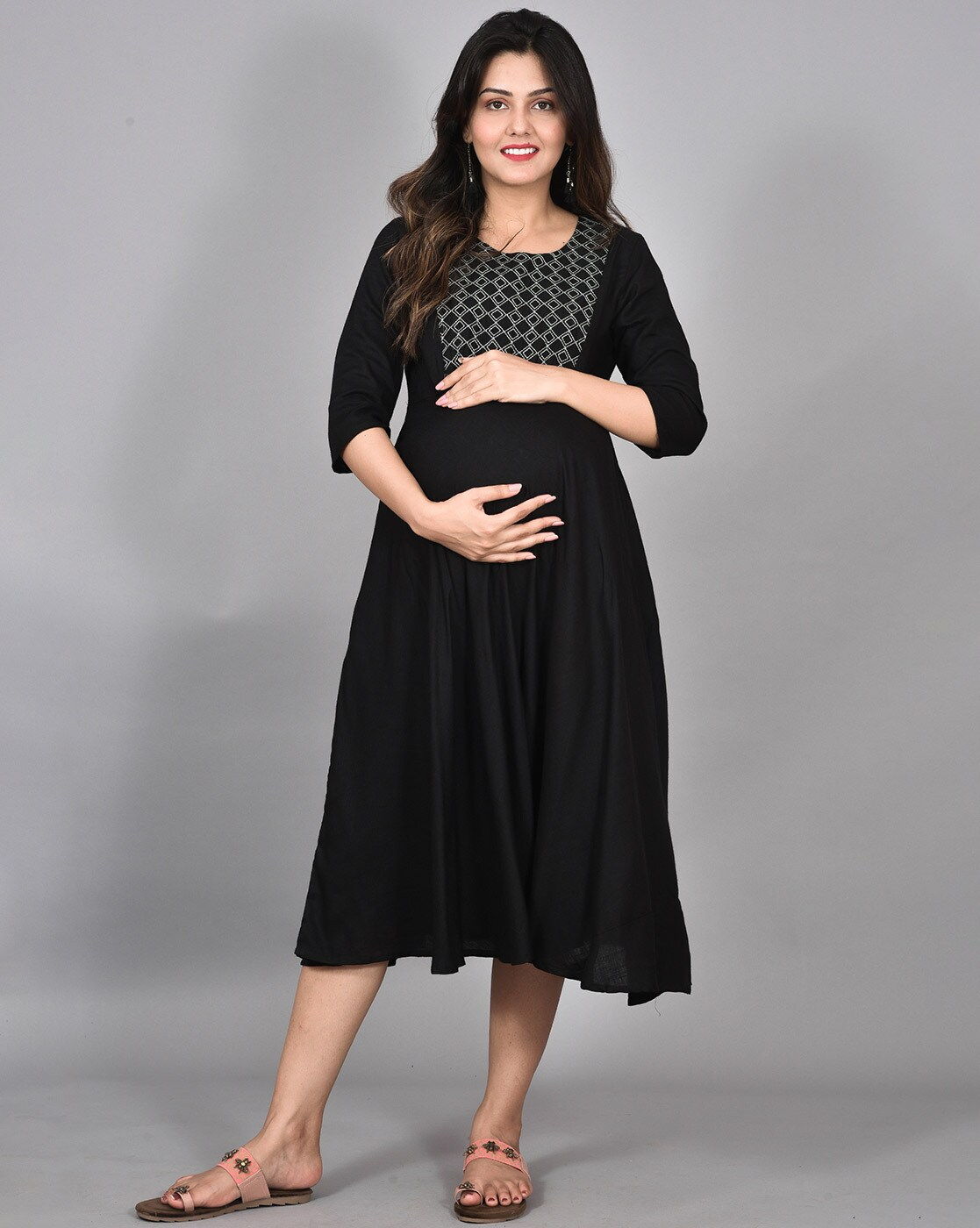 "Geometric print A-line maternity dress with concealed nursing zippers – rayon fabric and round neck"