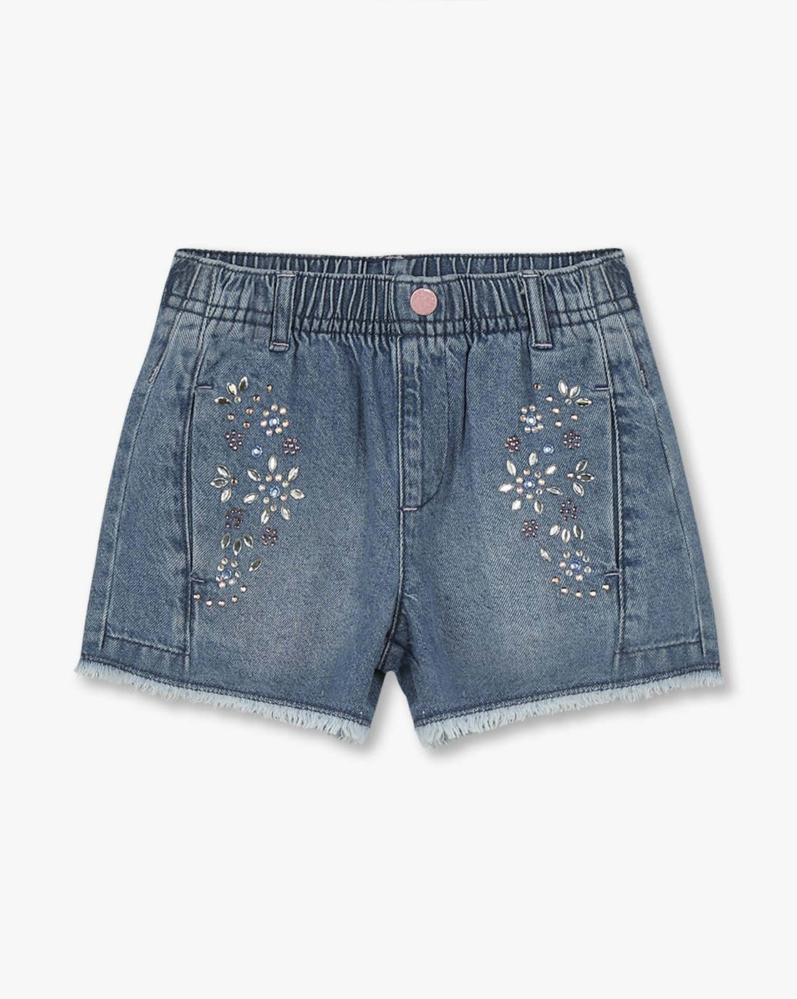"Girls mid-wash embellished denim shorts with frayed hem and 5-pocket styling – 100% cotton"

