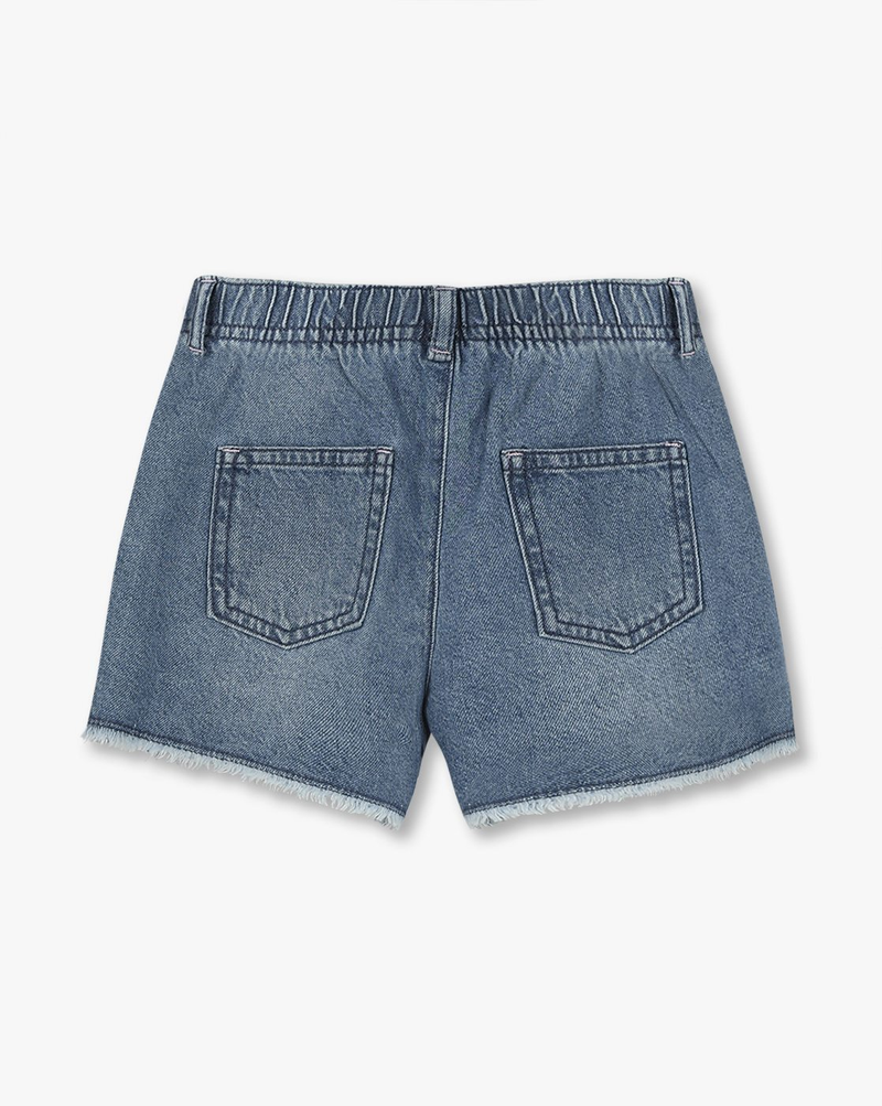 "Girls mid-wash embellished denim shorts with frayed hem and 5-pocket styling – 100% cotton"


