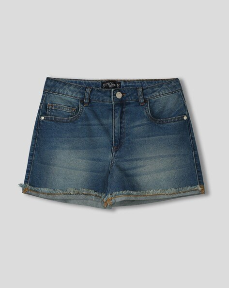 "Girls mid-wash denim shorts with regular fit and flat front – cotton blend summer wear"