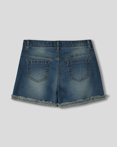 "Girls mid-wash denim shorts with regular fit and flat front – cotton blend summer wear"