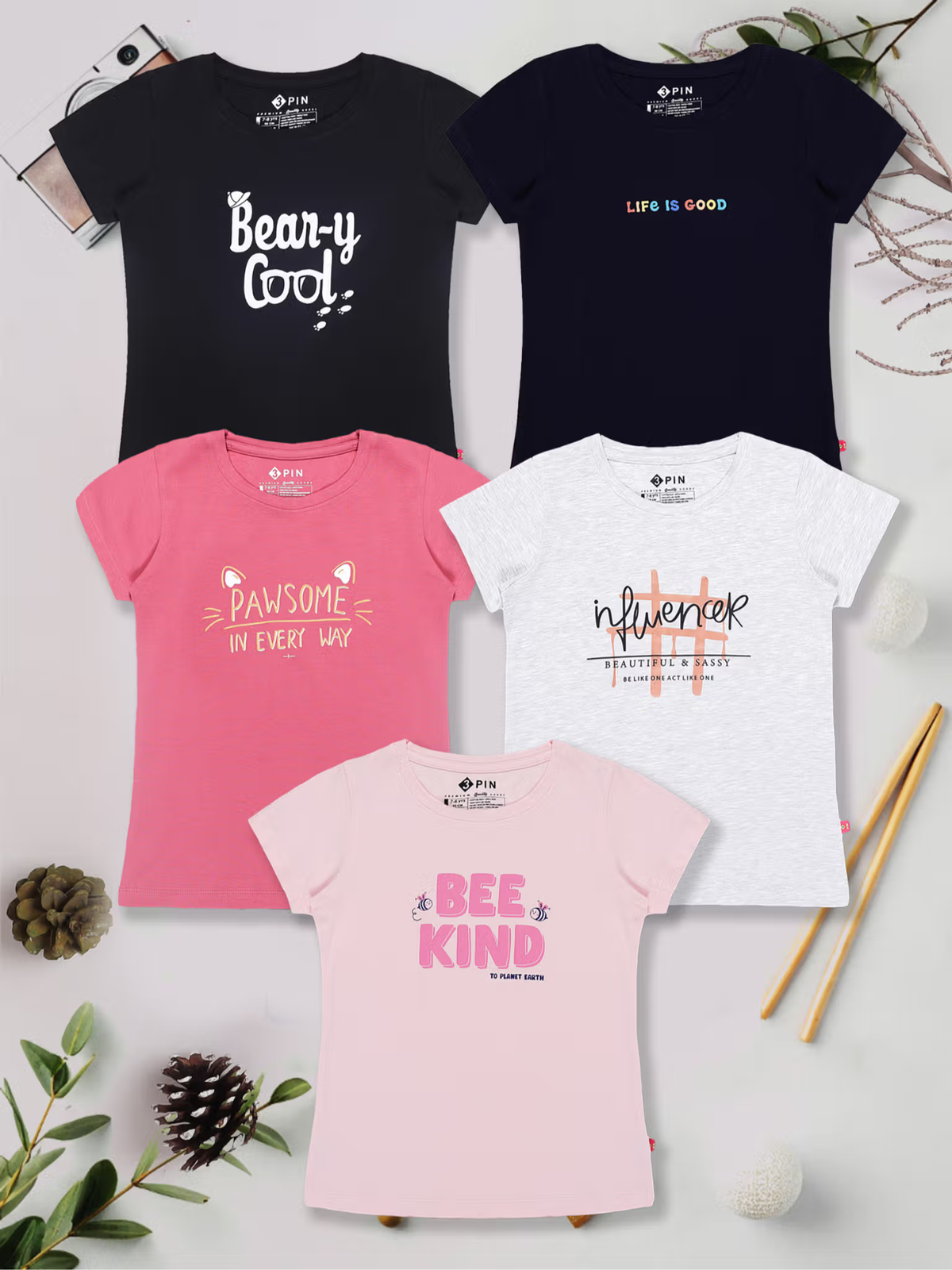 Girls multi-color cotton typography T-shirt front view