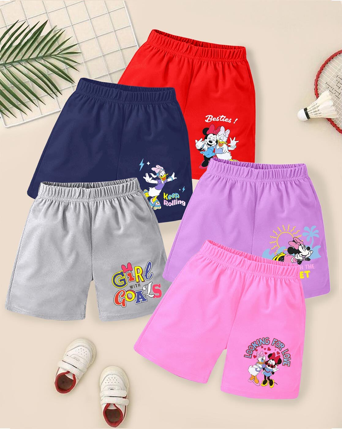 "Pack of 5 girls’ cartoon cotton shorts – colorful, regular fit, breathable and summer-ready"