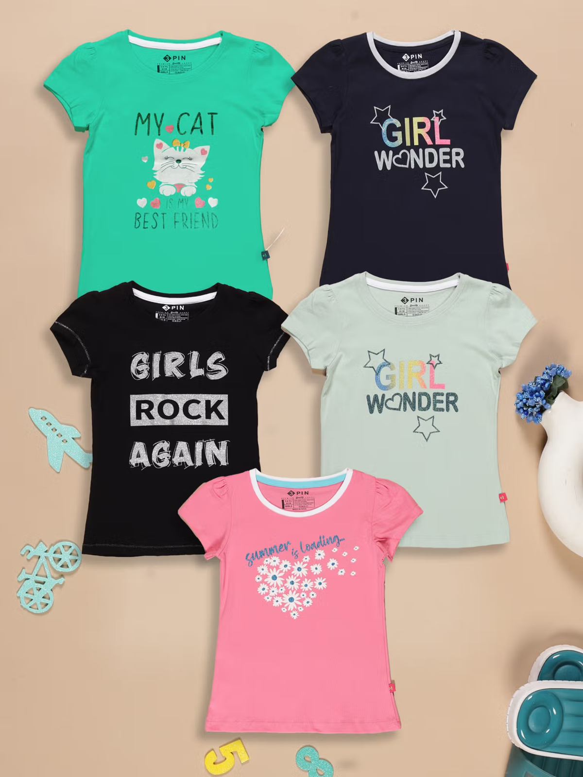 Girls typography print t-shirts pack