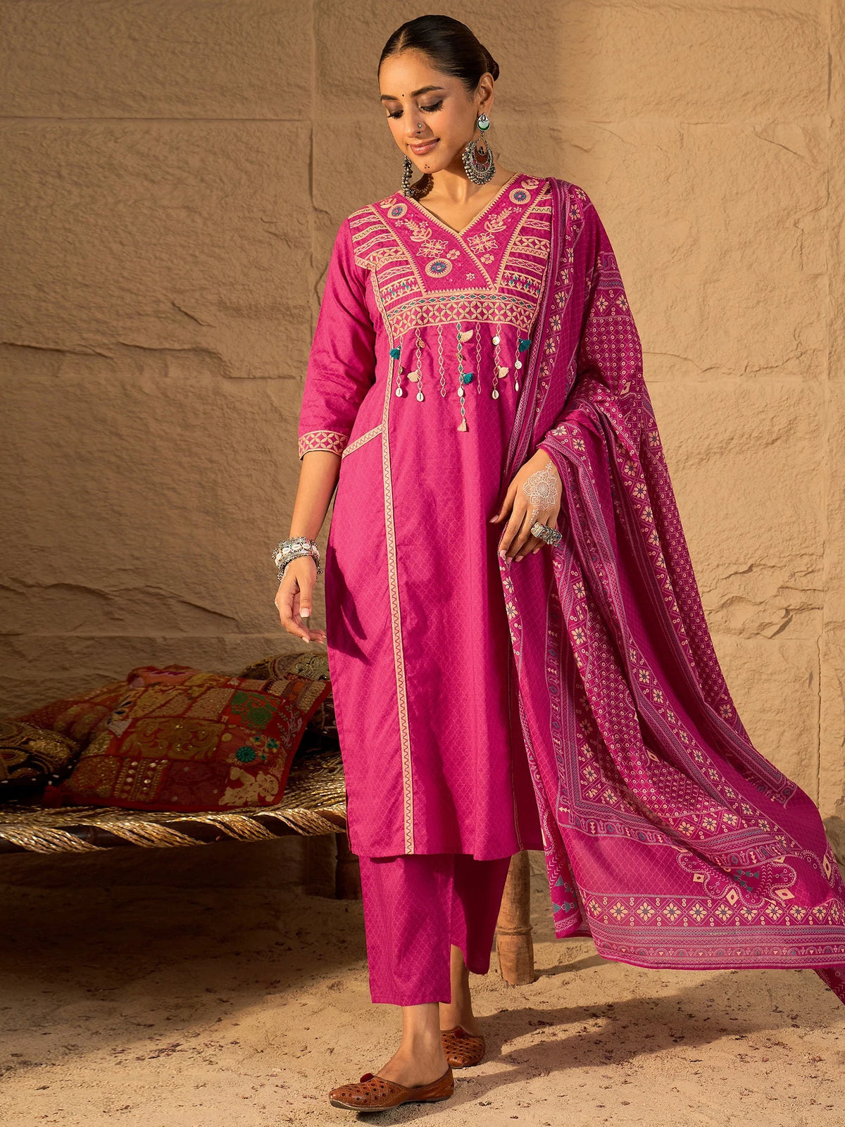 Pink Embroidered Pure Cotton Straight Kurta Sets With Dupatta