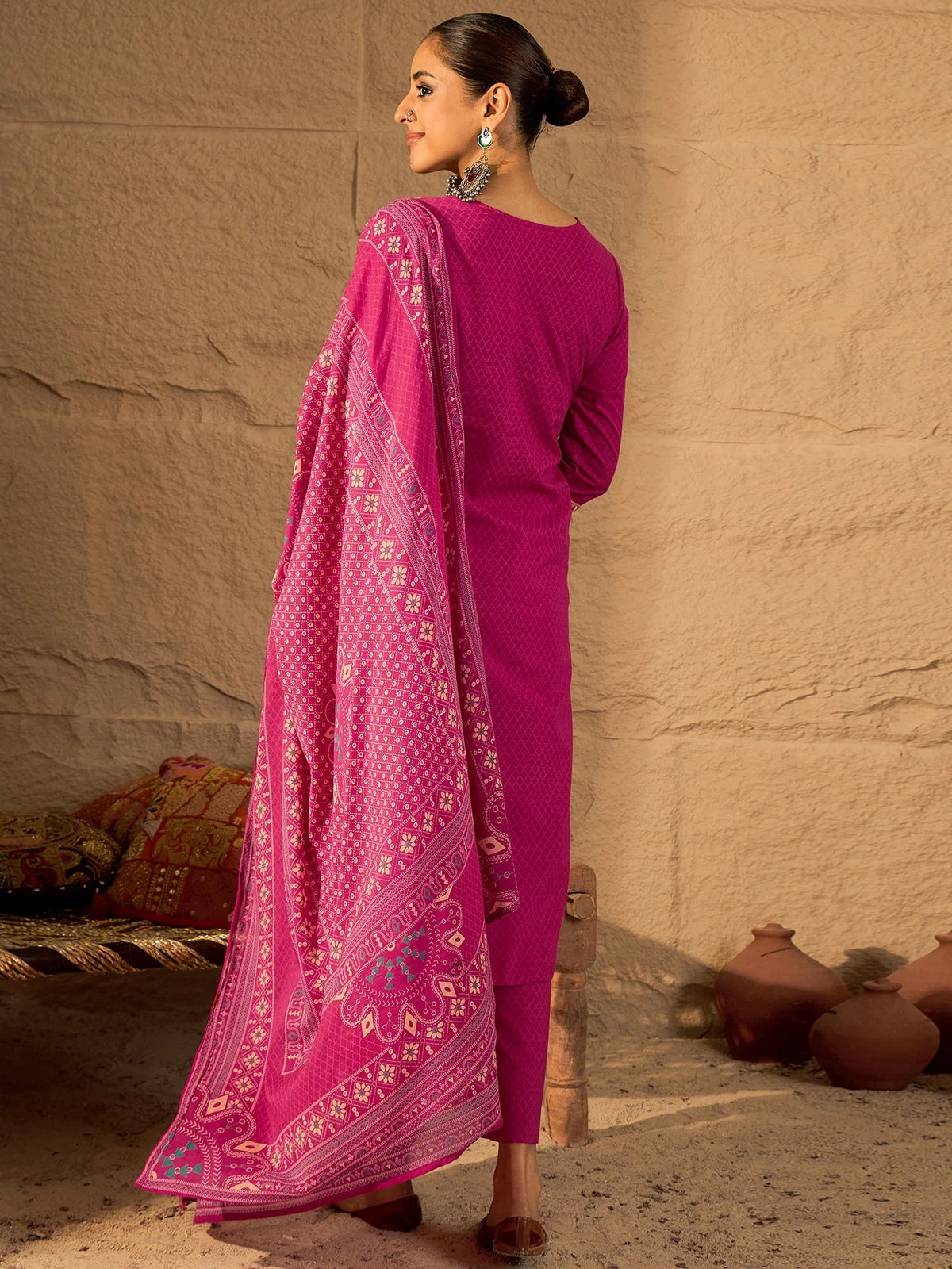 Pink Embroidered Pure Cotton Straight Kurta Sets With Dupatta