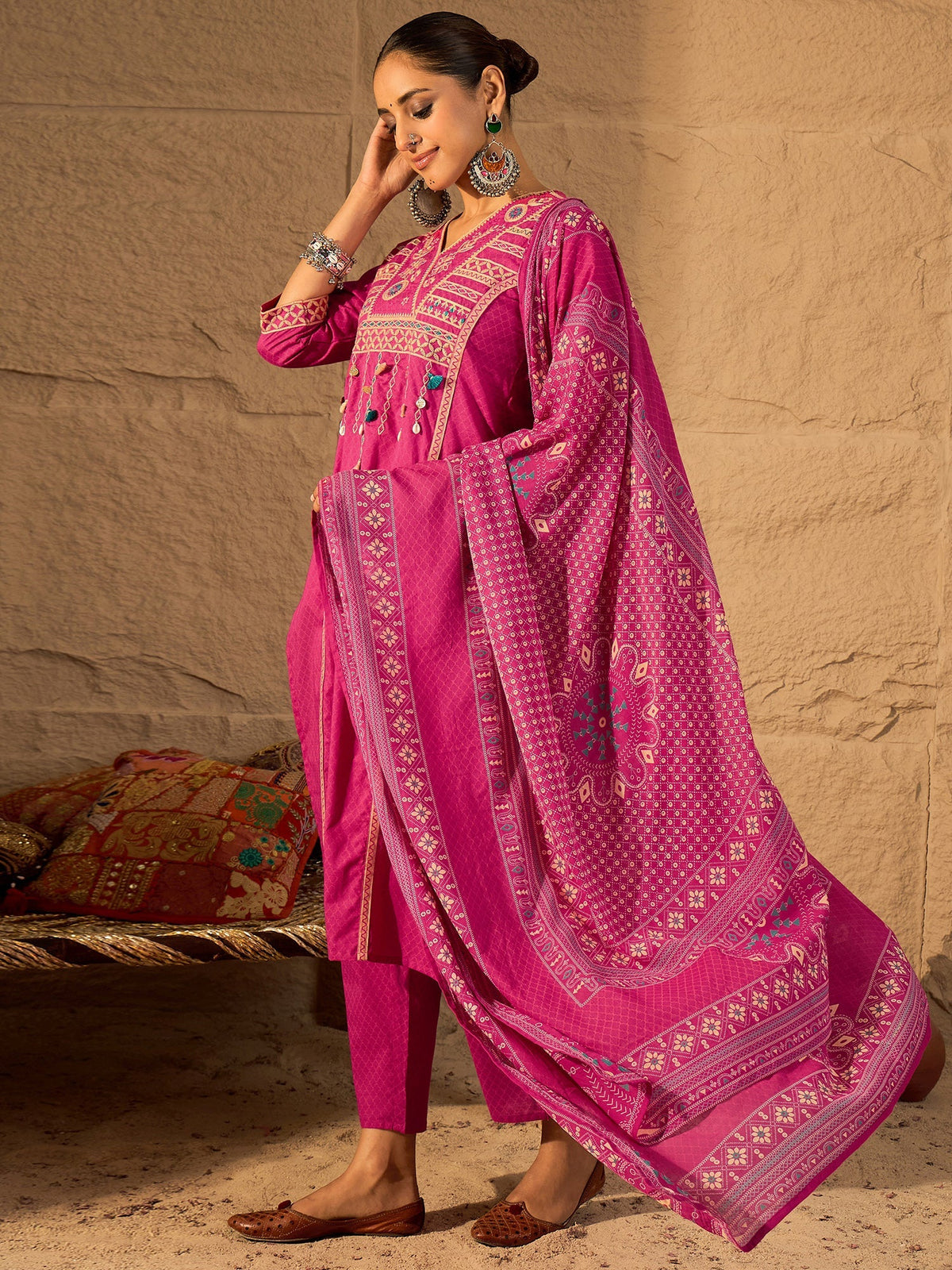 Pink Embroidered Pure Cotton Straight Kurta Sets With Dupatta