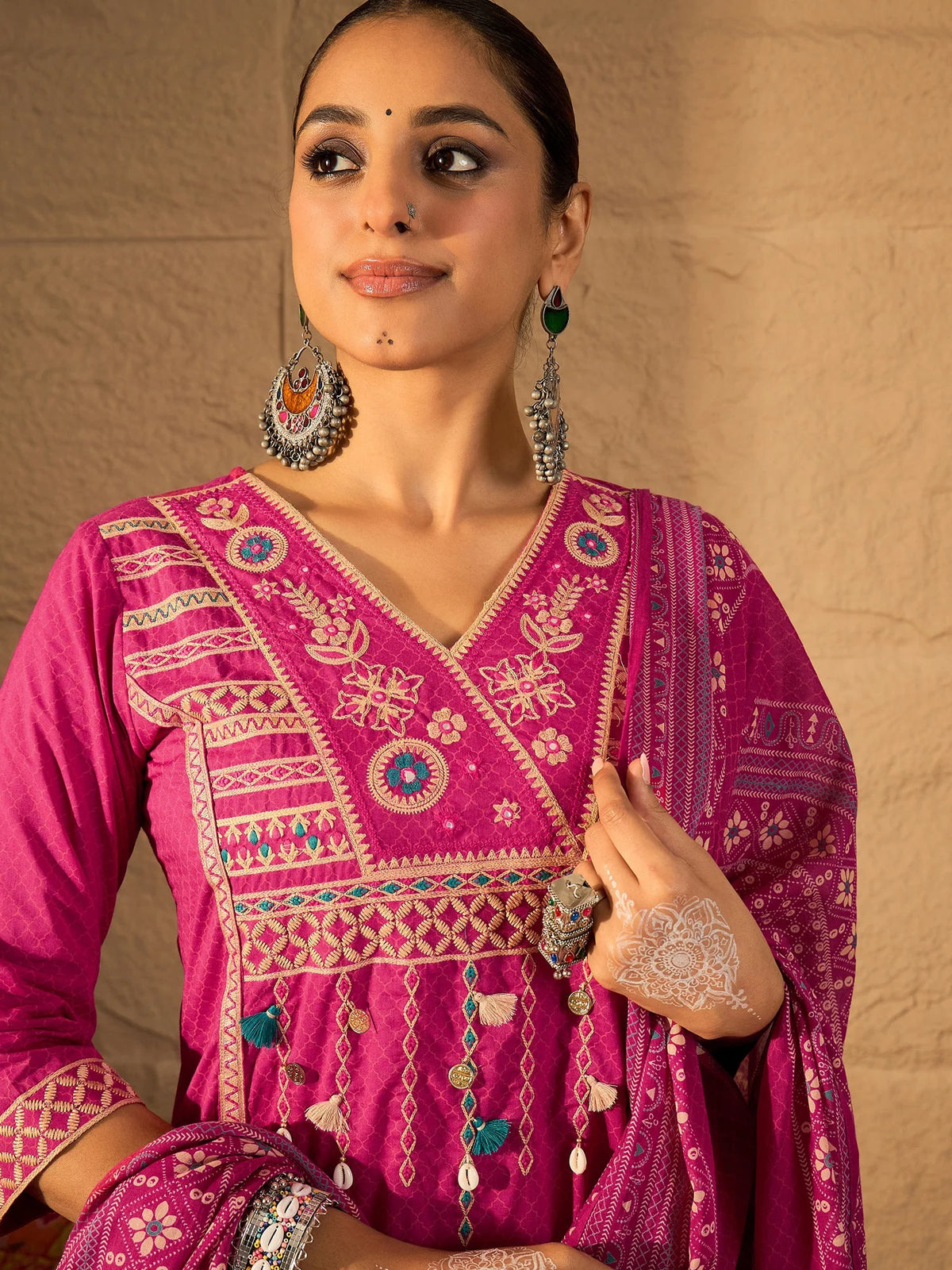 Pink Embroidered Pure Cotton Straight Kurta Sets With Dupatta