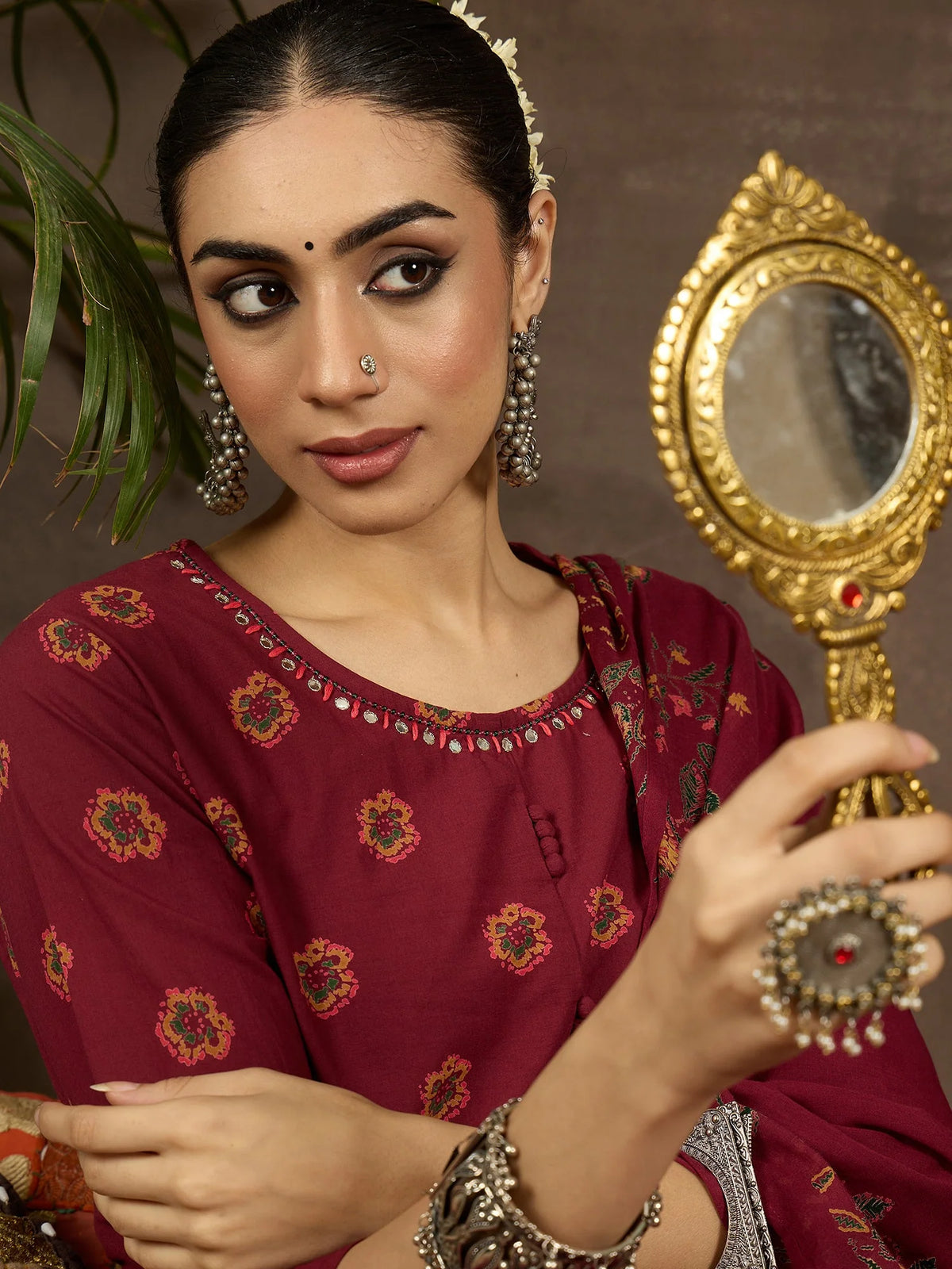 Rust Printed Pure Cotton Anarkali Suit Set With Dupatta