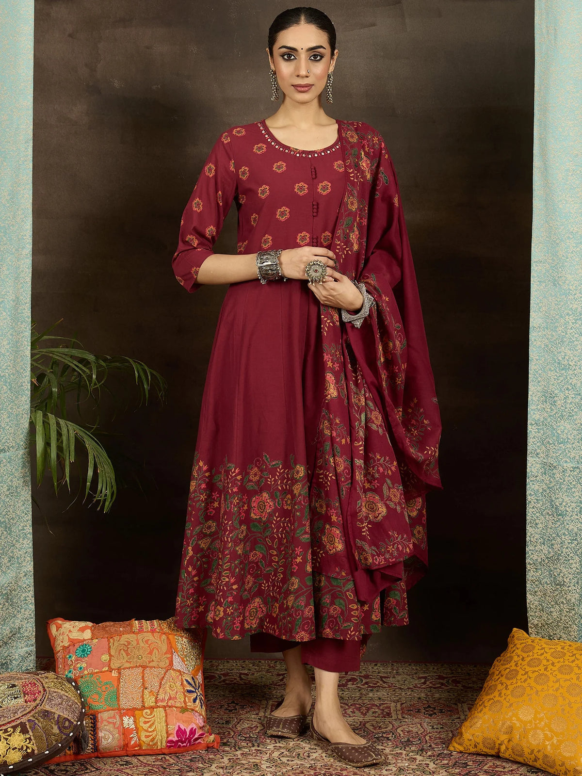 Rust Printed Pure Cotton Anarkali Suit Set With Dupatta